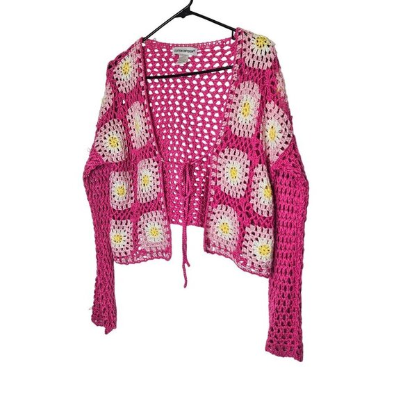 Cotton‎ Emporium Granny Square Crocheted Pink Daisy Floral Cardigan M - Picture 1 of 9